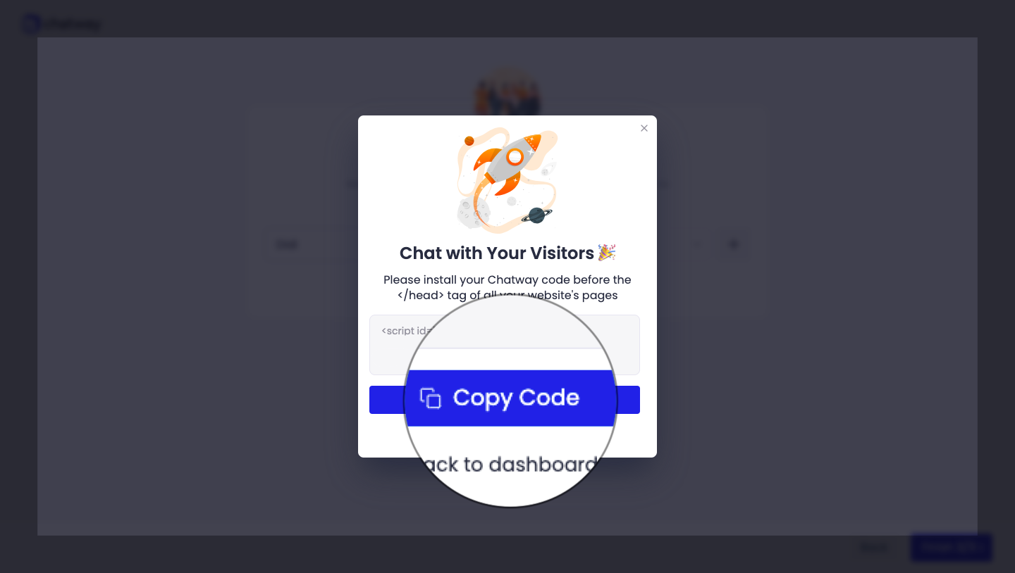 Live chat installation code displayed on a widget editor