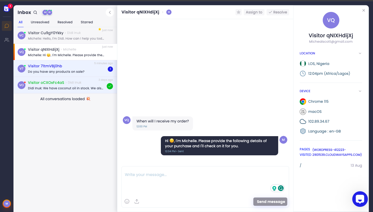 Chatway live chat app showing a conversation between a customer and agent on the dashboard
