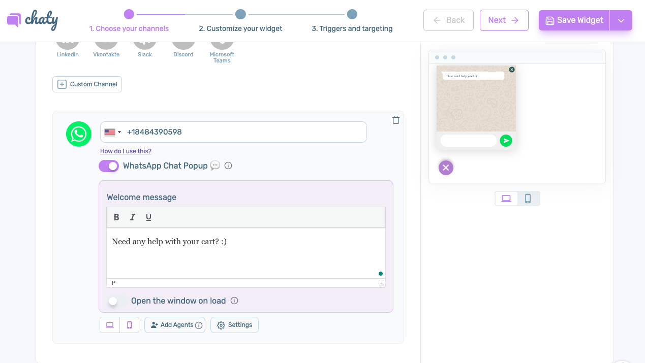 Chaty WordPress chat plugin showing a WhatsApp widget with a personalized message.