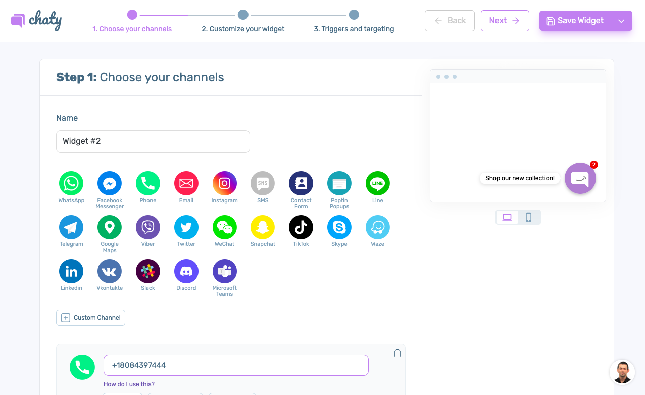 Chaty WordPress chat plugin showing different social channels for communication