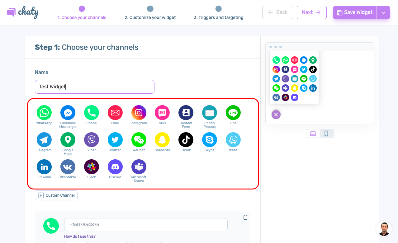 Chaty dashboard showing WhatsApp chat and other channels