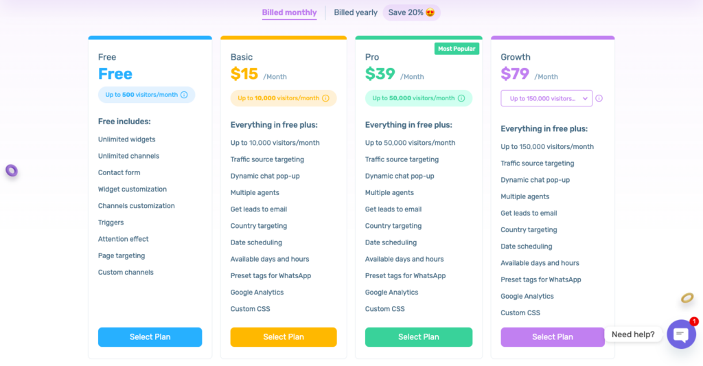 chaty live chat pricing table