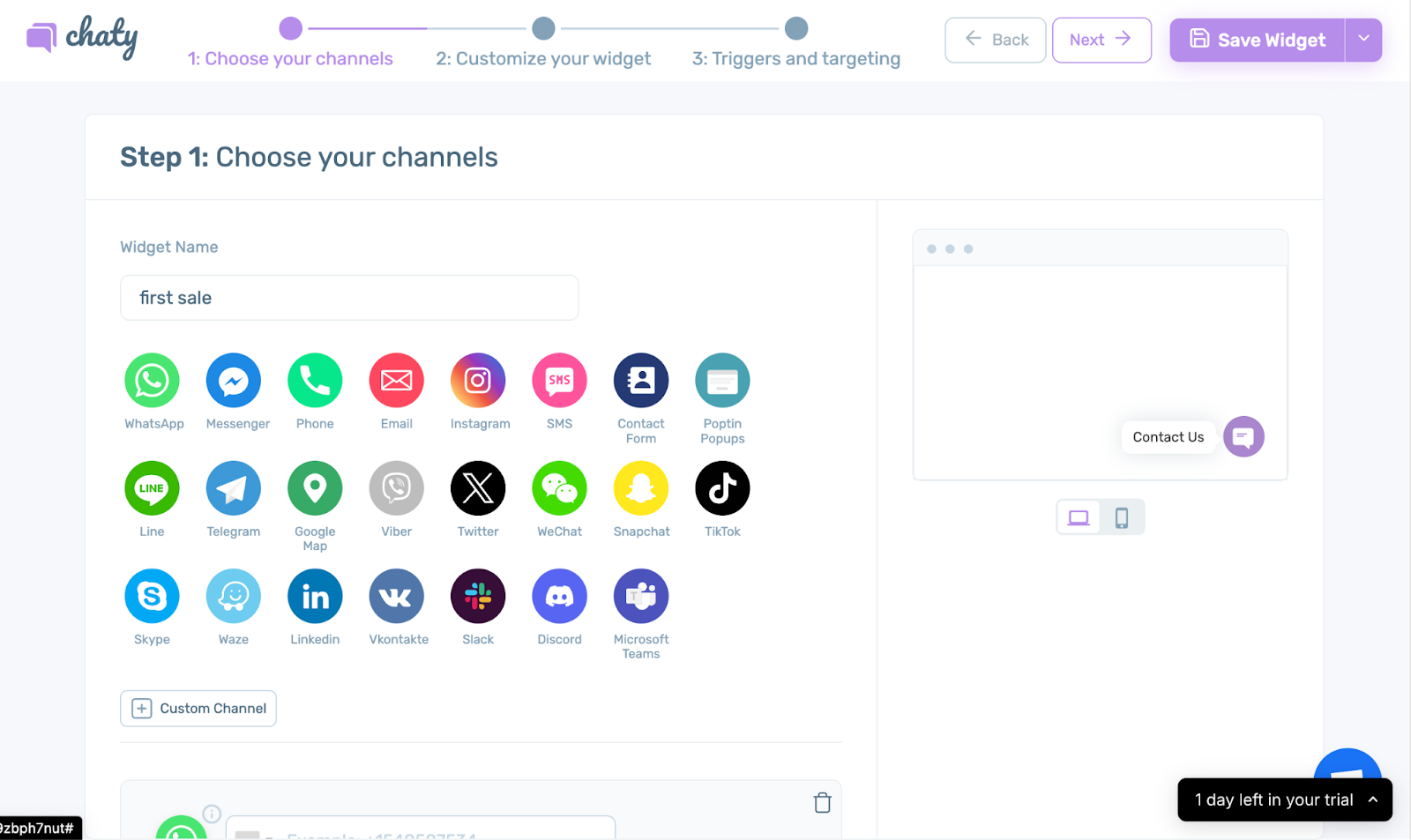 Chaty: WhatsApp & Chat Buttons showing available channels inside the dashboard