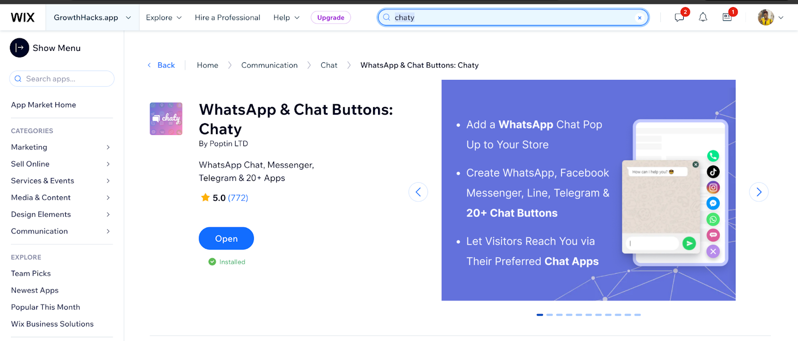 Chaty WhatsApp and Chat Buttons on Wix App store