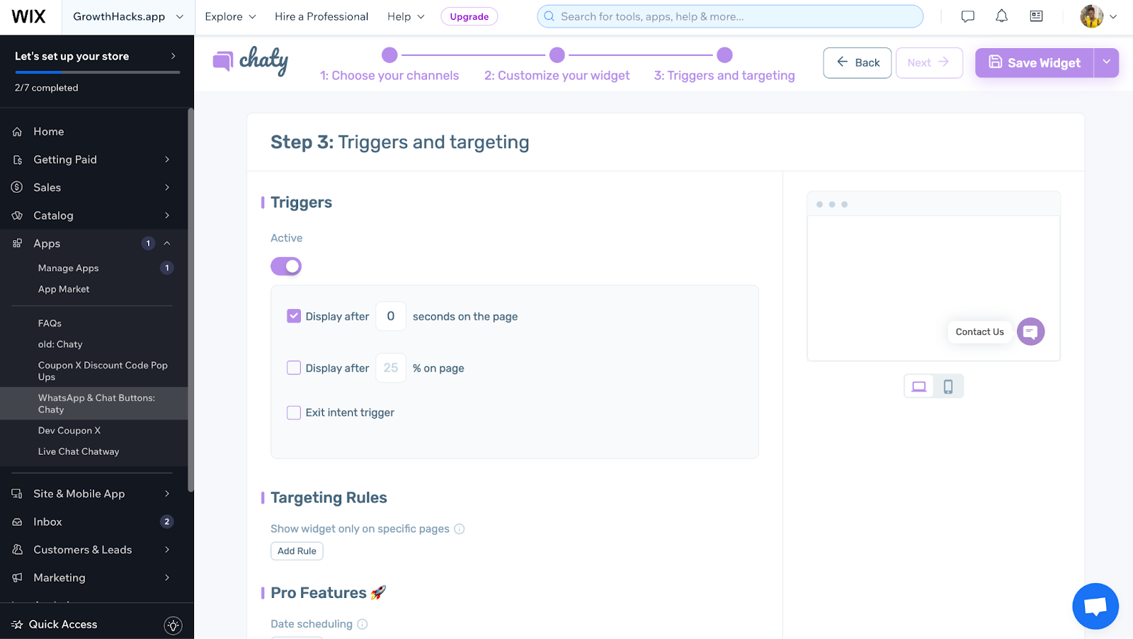 Chaty Triggers for chat widget