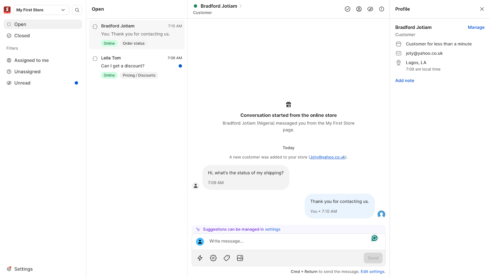 Shopify Inbox live chat conversation