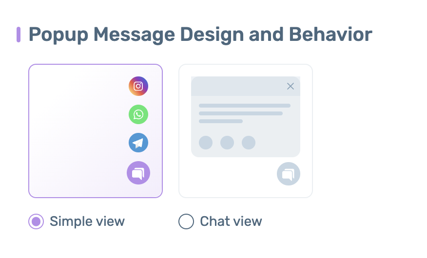 Chaty popup design options showing the chat view and simple view