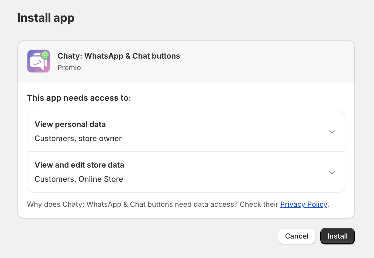 Installation instructions for Chaty: WhatsApp & Chat Buttons on Shopify